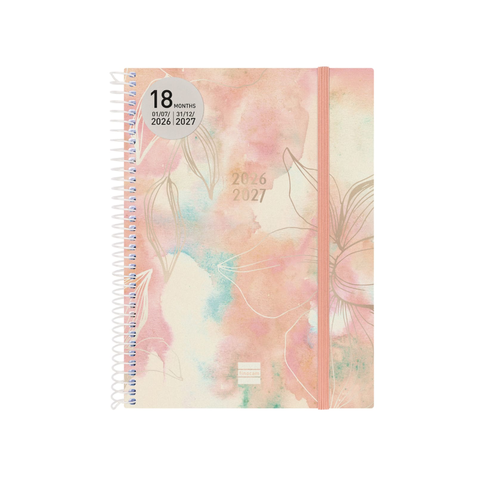 Agenda Semanal Espiral 18 Meses 2026/2027 Pretty | Finocam Caderno espiral com capa pastel e padrão floral com elástico rosa