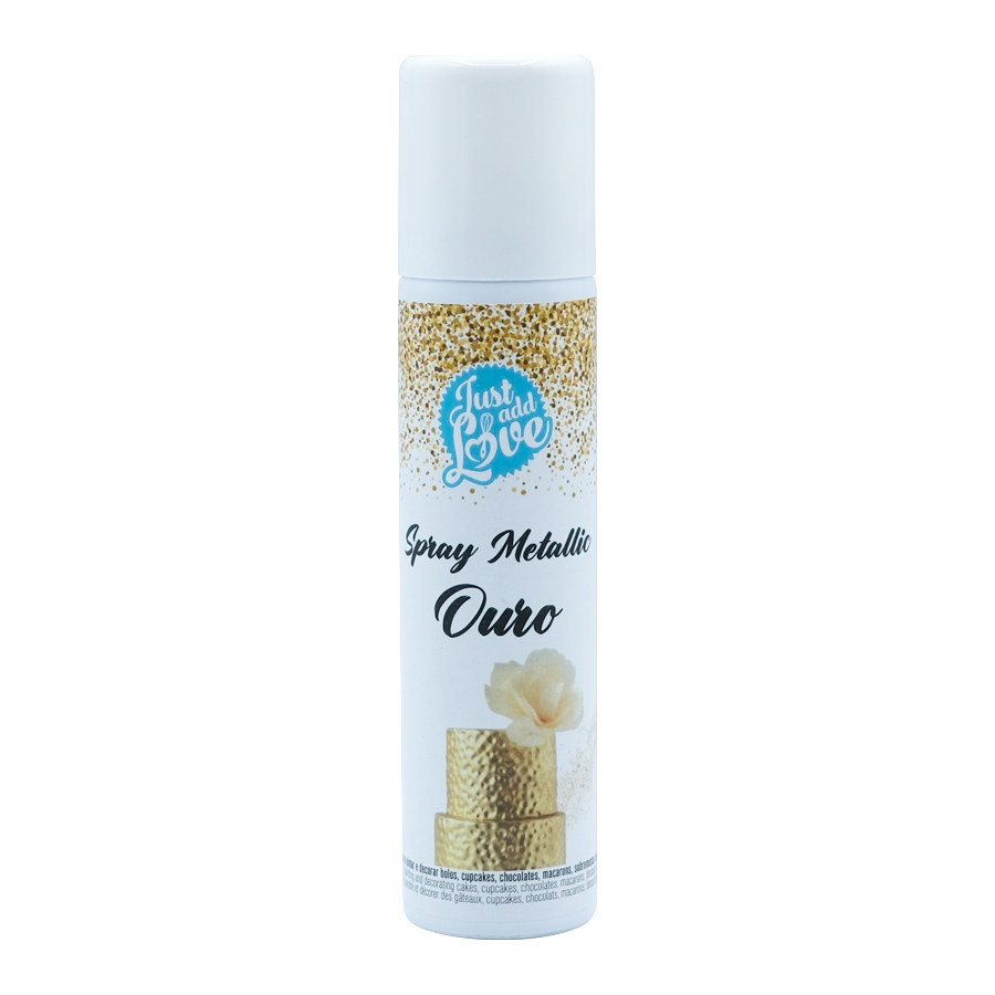Corante Spray Metallic Ouro Spray metálico ouro com tampa branca e rótulo decorado