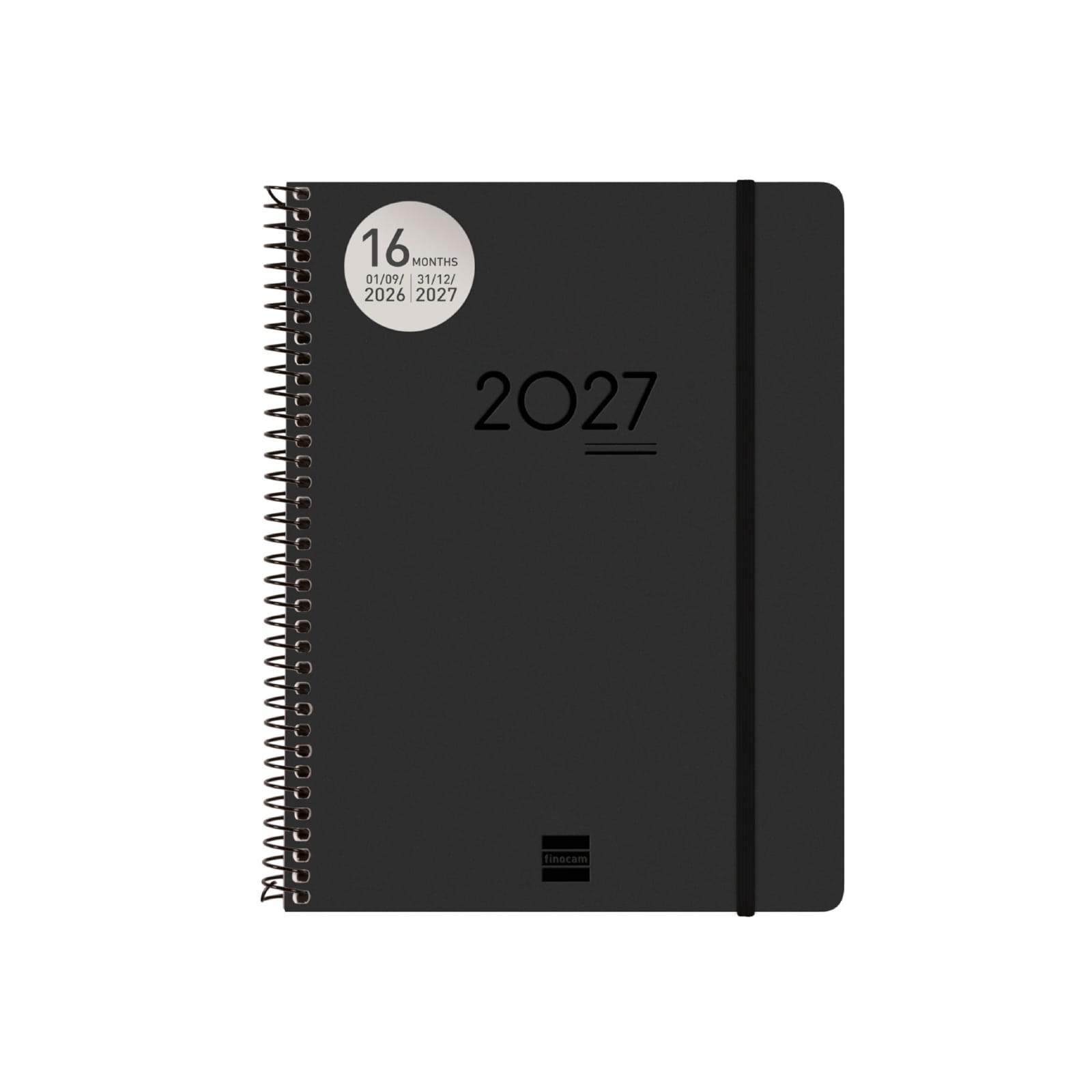 Agenda semanal Ikon 16 Meses 2026/2027 Preto | Finocam Agenda preta com espiral, elástico e texto 2027 e 16 MONTHS 01/09/2026 31/12/2027