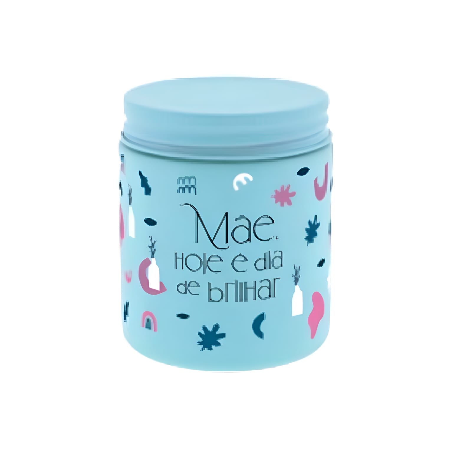 Vela Aromática “Mãe, hoje é dia de brilhar” | Aromame Recipiente cilíndrico azul claro com tampa e texto decorativo