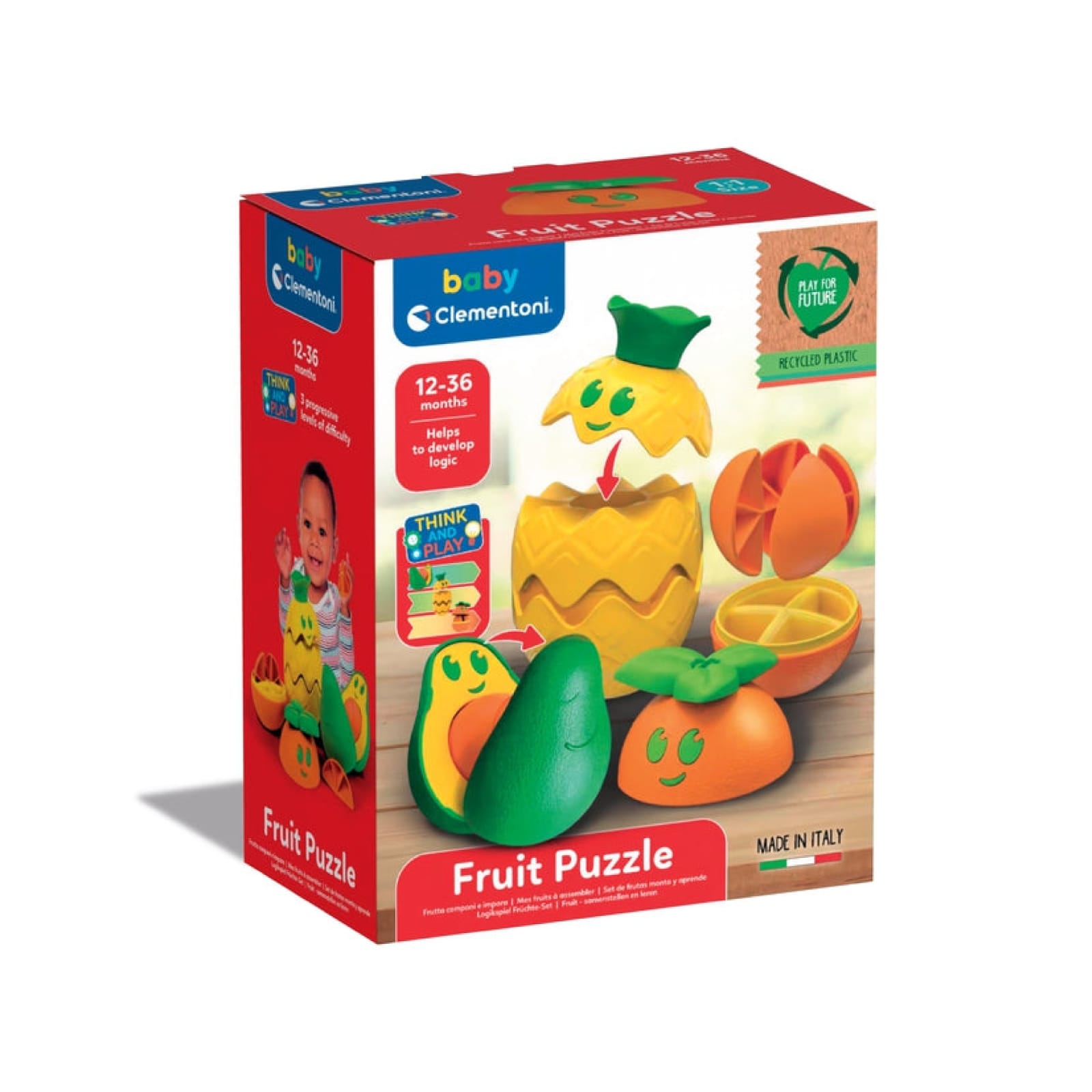 Puzzle Baby Frutas | Clementoni Baby Embalagem de brinquedo Clementoni Fruit Puzzle para bebés com peças de frutas coloridas em plástico reciclado.