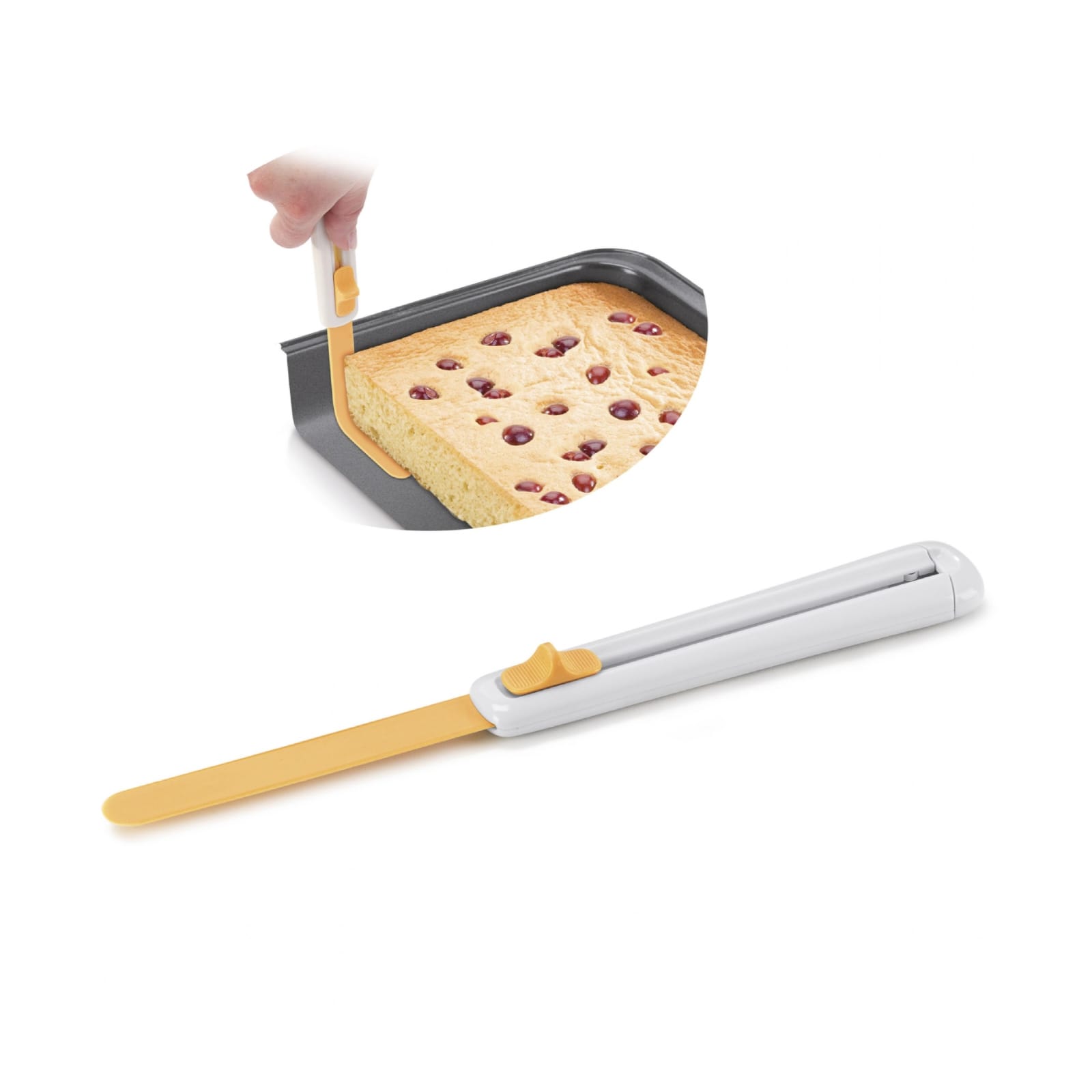 Utensílio para Desenformar Bolos Espátula silicone amarela com cabo branco usada para cortar bolo numa forma preta.