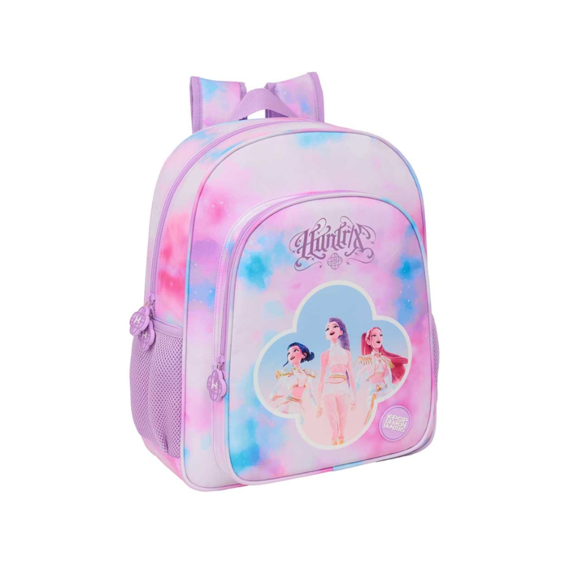 Mochila Escolar K-Pop Demon Hunters Adaptável 38cm Mochila rosa e azul com estampa de personagens e texto Huntrix