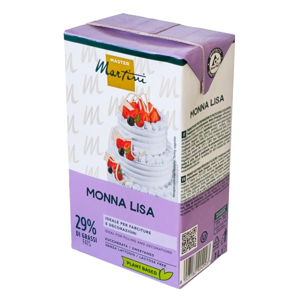Natas Vegetais Monna Lisa 1L Embalagem cartonada púrpura e branca de produto alimentício Monna Lisa com imagem de bolo decorado