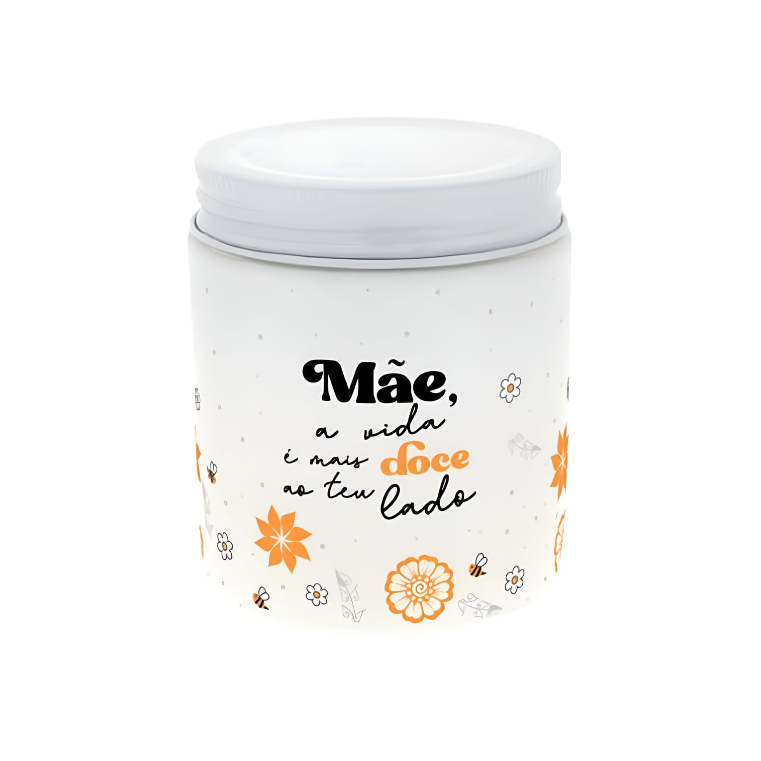 Vela Aromática “Mãe, a vida é mais doce ao teu lado” | Aromame Frasco branco com decoração floral e texto em português