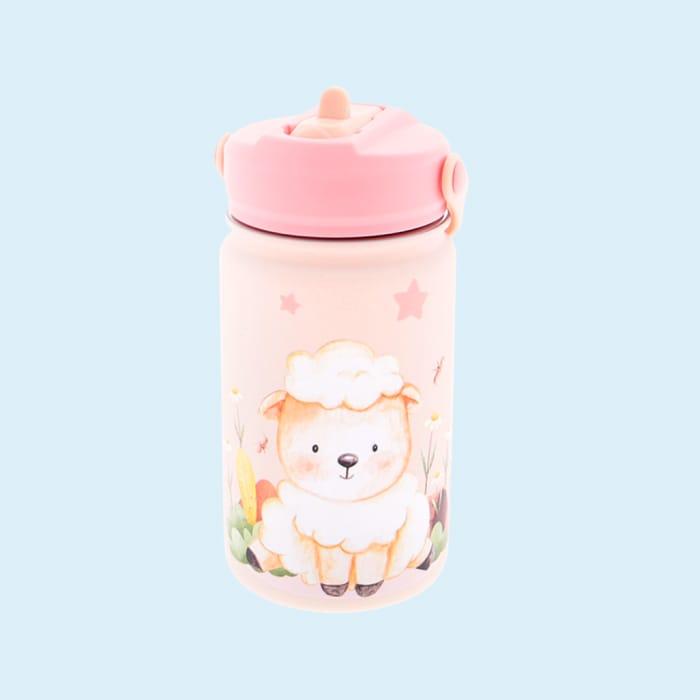 Garrafa térmica infantil com palhinha Pink Sheep 330ml | Aurea Kids Garrafa térmica infantil branca com tampa rosa e desenho de ovelha