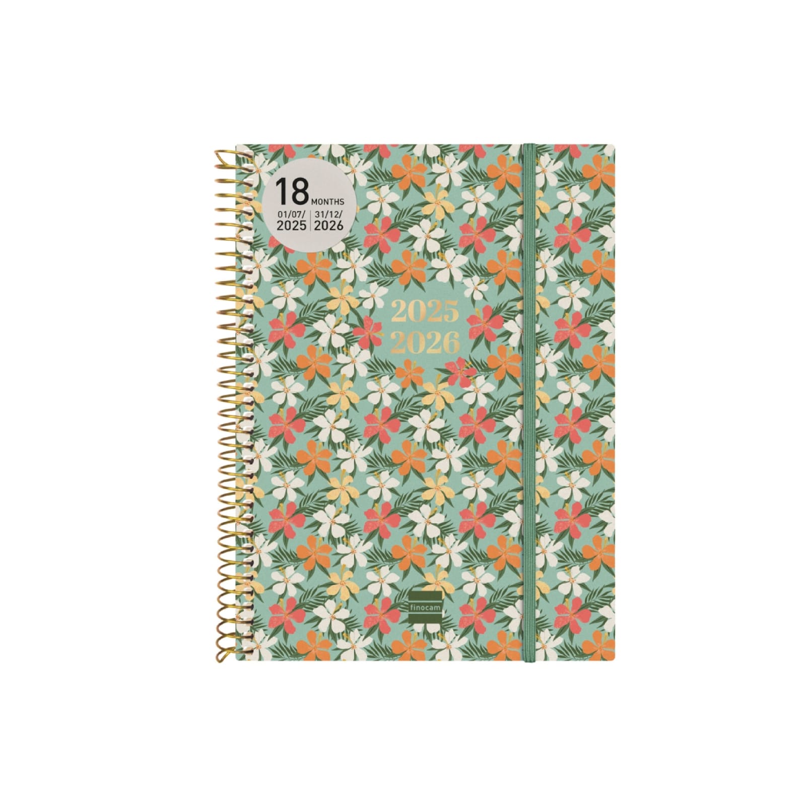 Agenda Semanal Espiral 18 Meses 2025/2026 | Finocam Agenda anual com capa floral verde, laranja e branco com espiral dourada e elástico verde