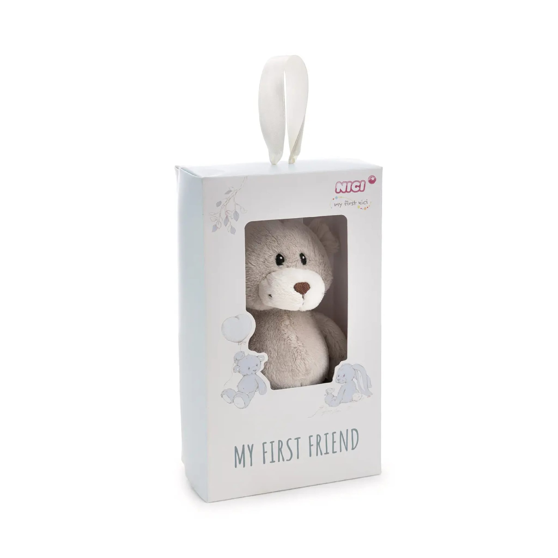 Peluche Urso Finni My First Friend 20cm | Nici Ursinho de peluche cinzento em embalagem branca com janela e texto visível