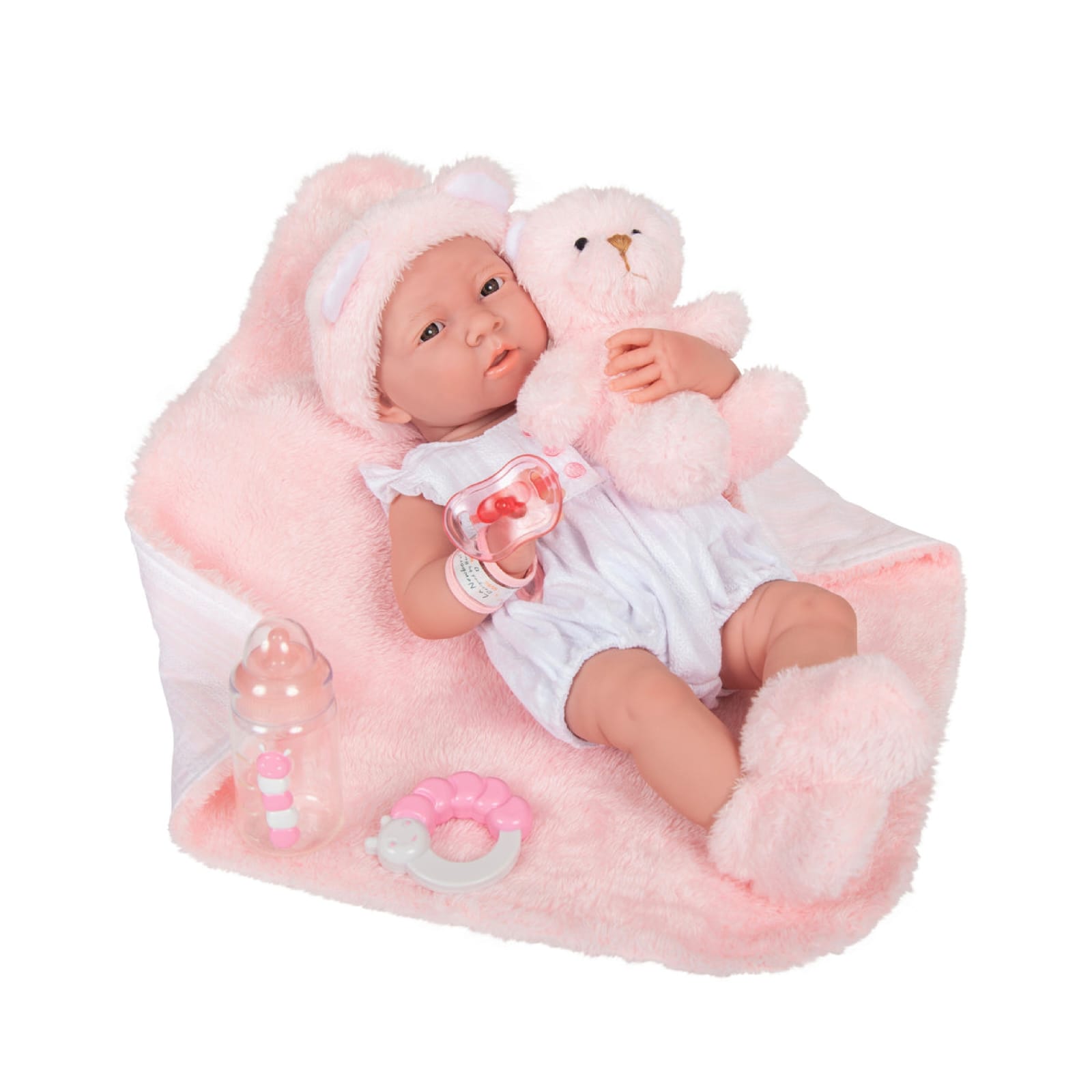 Boneca Recém-Nascida Realista 38 cm Boneca bebé realista com roupa branca e acessórios rosa, deitada em almofada rosa