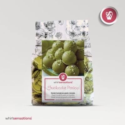 Pacote de chocolate fracionado sabor pistácio com imagem de trufas verdes