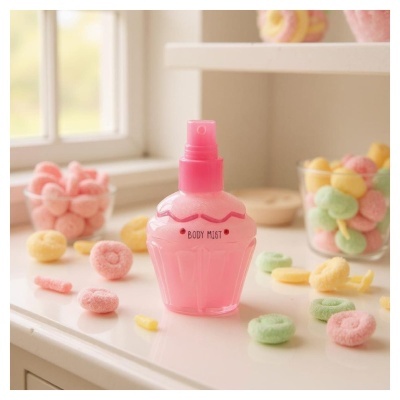 Frasco rosa de spray BODY MIST com doces coloridos pastel em superfície branca