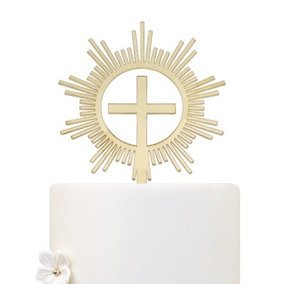 Topo de bolo com cruz dourada e flor branca