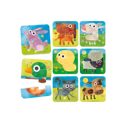 Nove puzzles quadrados coloridos com desenhos de animais infantis.