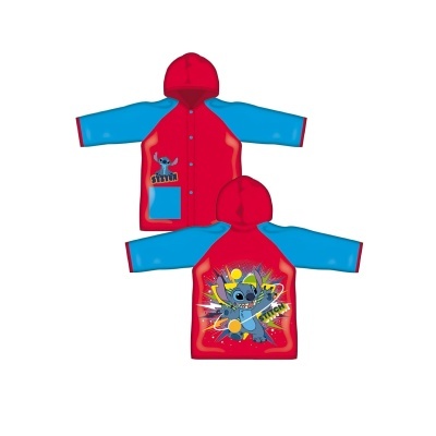 Casaco impermeável infantil vermelho e azul com capuz e estampado de Stitch