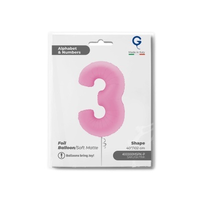 Bolha rosa em forma do número 3 embalada em saco branco