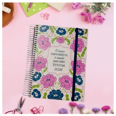 Agenda espiral 2026 com capa florida e frase motivacional