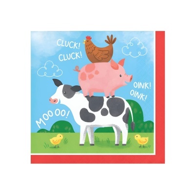 Guardanapo de papel com ilustração de vaca, porco, galinha e pintainhos sobre fundo azul e verde