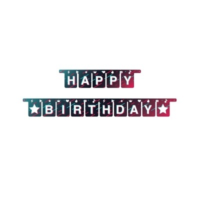 Bandeirola HAPPY BIRTHDAY com letras brancas em fundo azul e vermelho com estrelas e recortes de corações e relâmpagos.