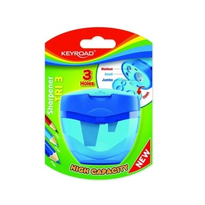 Apontador Keyroad TRI 3 azul com três orifícios em embalagem colorida