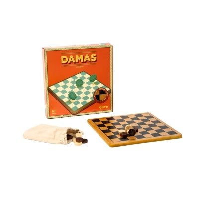 Jogo de tabuleiro Damas em madeira com packaging laranja