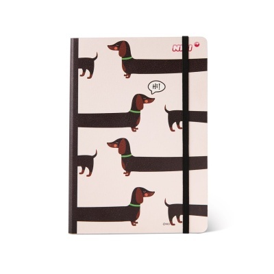 Caderno capa dura com padrão de cães dachshund pretos e fecho elástico preto