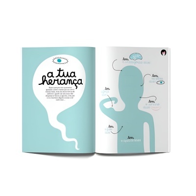 Livro aberto com ilustração e texto educativo em português sobre a tua herança