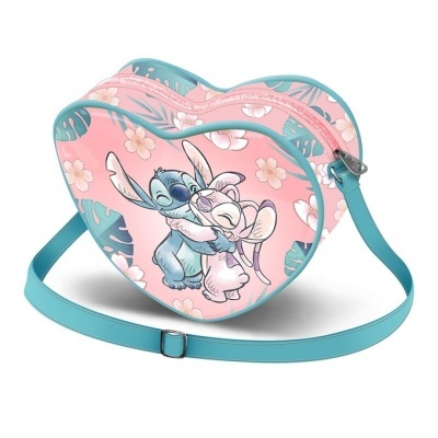 Bolsa de ombro coração com estampa Stitch e Angel abraçados em fundo rosa com flores e folhas