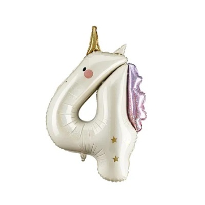 Balão número 4 de unicórnio branco com chifre dourado e crinas rosa