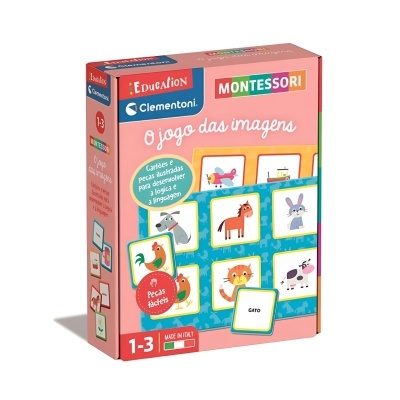 Caixa de jogo Montessori 'O jogo das imagens' com ilustrações de animais.