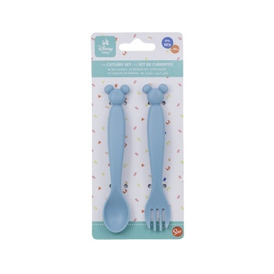 Conjunto de talheres Disney azul, garfo e colher de plástico com cabeça de rato no topo na embalagem