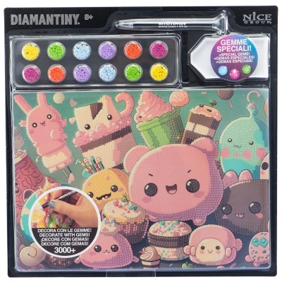 Conjunto de artesanato DIAMANTINY com pedras preciosas coloridas e painel ilustrado de personagens doces.