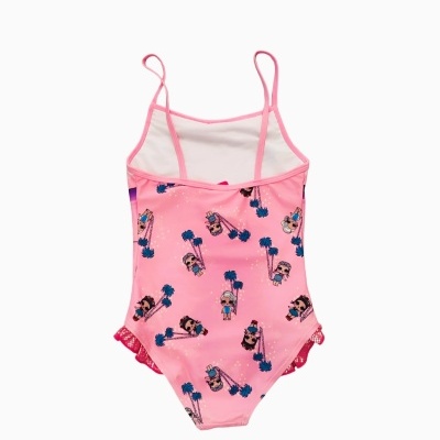 Fato de banho rosa com padrão de bonecas e pompons azuis