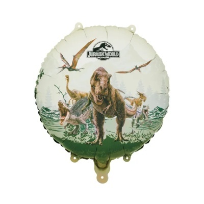 Balão metálico redondo com desenho de dinossauros e texto Jurassic World