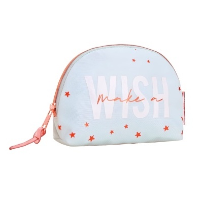 Necessaire branca com estrelas cor-de-rosa e texto WISH make a cor-de-rosa
