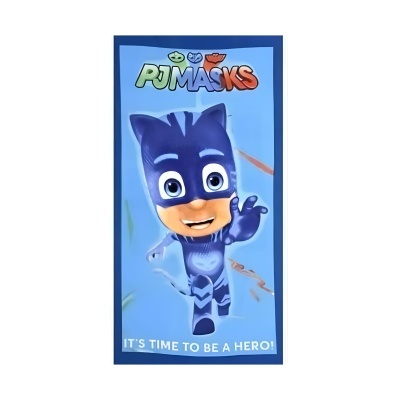 Toalha azul infantil com personagem GatoBoy da PJ Masks e texto promocional