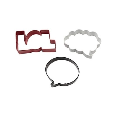 Três cortadores de biscoitos em formas de balões de fala em vermelho, branco e preto sobre fundo branco.