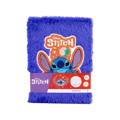 Caderno peludo azul com personagem Stitch da Disney na capa