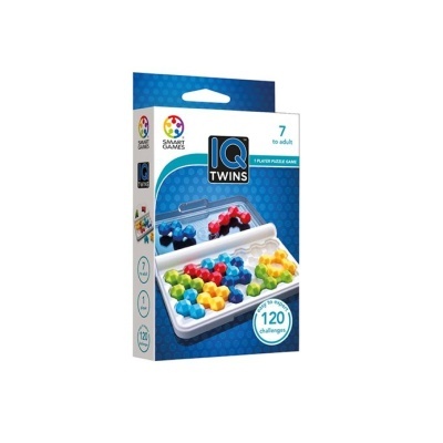 Caixa do jogo de puzzle IQ Twins azul com peças coloridas