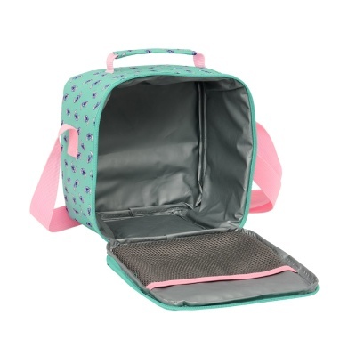 Mala térmica azul turquesa com flamingos rosa e interior cinza aberta