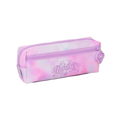 Estojo retangular cor-de-rosa com padrão tie-dye e fecho de correr lilás