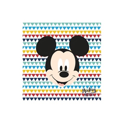 Pano ou papel decorativo com rosto do Mickey Mouse e padrão de triângulos coloridos.