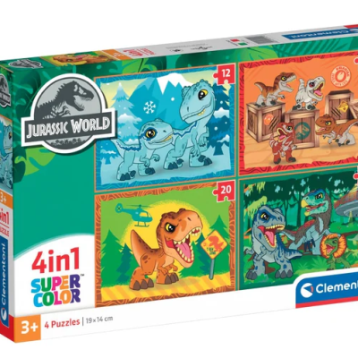 Caixa de puzzles 4 em 1 Jurassic World com imagens de dinossauros coloridos