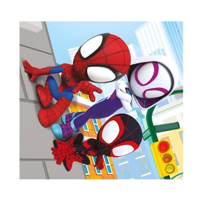 Três personagens animados do Homem-Aranha em prédio urbano com semáforo