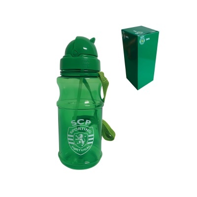 Garrafa desportiva verde translúcida com logo SCP e caixa verde