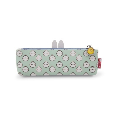 Estojo retangular verde claro com padrão de rostos e fecho com puxador amarelo