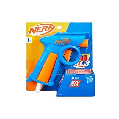 Arma de brinquedo Nerf azul e laranja na embalagem com texto NERF e DARTS FLEX