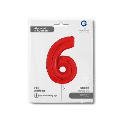 Balão de folha vermelho em forma do número 6 numa embalagem branca com texto e logótipo