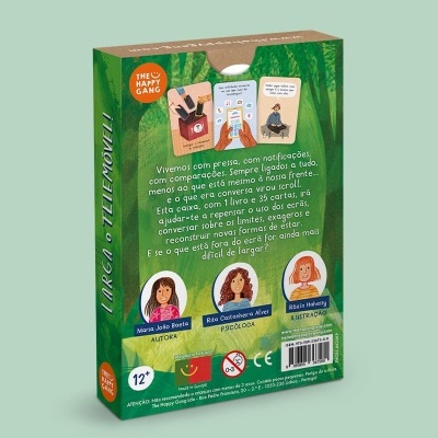 Caixa verde do produto 'LARGA O TELEMÓVEL!' com texto e ilustrações de pessoas e logotipo THE HAPPY GANG