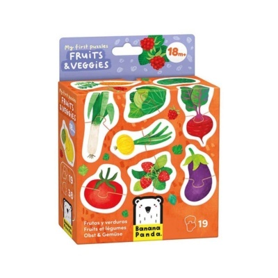 Caixa de puzzle infantil de frutas e legumes coloridos com ilustrações.