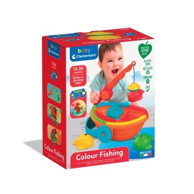 Caixa de brinquedo Colour Fishing com criança a brincar e texto informativo